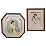 NOEMIA  Pendant de pinturas em técnica mista, sendo uma de formato octogonal, retratando figuras indígenas. Uma, com homem de pé tocando Kuluta, vestindo braçadeiras e adereços rituais. A outra, com papagaio pousado em braço esquerdo de jovem mulher, adornada por braceletes e enfeite de cabelo. Assinadas na parte inferior, à direita e no centro. 35 x 30 cm (MI). 48 x 45 cm (ME) / 30 x 20 cm (MI). 45 x 35 cm (ME). Molduras em madeira.