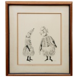 NOEMIA  Gravura retratando par de figuras indígenas dançando, pesadamente vestidas com saiotes, mantos e máscaras. Assinada no cid Moldura em madeira. 37 x 30 cm (MI). 54 x 48 cm (ME).