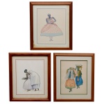 CARYBÊ (1911-1997), nome artístico de Hector Julio Páride Bernabó - (ATRIBUIDO) - Conjunto de 3 pinturas em técnica mista, retratando mulheres com vestimentas africanas diversas, características do folclore baiano e do candomblé. Apresentam-se de pé, exibindo ricos vestidos com saias longas, realçadas por adereços indígenas, com fitas e laços, xales e enfeites de cabelo. Não apresentam assinatura. 27 x 20 cm (MI). 37 x 32 cm (ME) / 27 x. 22 cm (MI). 37 x 32 cm (ME) / 27 x. 22 cm (MI). 40 x 35 cm (ME). Molduras em madeira. Passe-partouts com manchas.