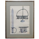 CARYBÉ (1911-1997)  Ferramentas de Ogum - Gravura apresentando espada em posição vertical, ladeada por 2 conjuntos de pequenas ferramentas em ferro forjado. Ass. cid. 42 x 30 cm (MI). 55 x 44 cm (ME). Manchas de oxidação. Moldura em metal