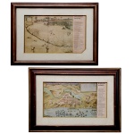 Par de reproduções representando respectivamente Pernambuco e Itamaracá e Planta da Restituição da Bahia. Apresentam paisagens ladeadas na mesma ordem por textos informativos com os dizeres,  ...esse desenho se encontra no livro de Barleus Rerrarum per Octennium in Brasilia, impresso em latim em 1647, e o outro com ...o mapa foi feito em 1631 e faz parte do Atlas de Albernás que se encontra na Mapoteca do Itamarati no Rio de Janeiro. 26 x 42 cm (MI). 46 x 62 cm (ME) / 22 x 40 cm (MI). 42 x 60 cm (ME). Molduras em madeira. Marcas de oxidação.