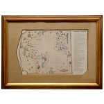 Ilustração a cores representando América Austral. Apresenta detalhada paisagem, ladeada por texto informativo com os dizeres, ...carta elaborada em 1600 e assinada por Luiz Teixeira....o original em pergaminho iluminado encontra-se na Biblioteca Nacional de Florença. 27 x 43 cm (MI). 46 x 60 cm (ME). Moldura em madeira. No estado. Marcas de oxidação.