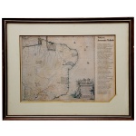 Ilustração a cores representando Nova et Accurata Tabula. Apresenta detalhada paisagem com as capitanias, ladeada por texto informativo com os dizeres, ...entre todos eles (mapas do Brasil gravados e publicados na Holanda no decorrer do século XVII) ....merece destaque A Nova e Accurata Brasiliae Totius Tabula feita por Joan Blau em 1640. 27 x 40 cm (MI). 41 x 54 cm (ME). Moldura em madeira. No estado. Manchas de oxidação.