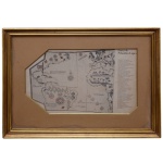 Ilustração a cores representando Carta de Sebastião Lopes. Apresenta mapa, ladeado por texto informativo com os dizeres, ...carta feita em 1558 por Sebastião Lopes... o original, feito em pergaminho iluminado, encontra-se no Museu Britânico em Londres. . 25 x 42 cm (MI). 44 x 60 cm (ME). Moldura em madeira. No estado. Manchas de oxidação.