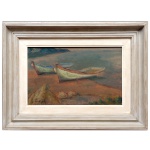 JOSÉ SIMEONE (São Paulo, 1930 - 2009)  Paisagem Marítima com Barcos de Pesca. Óleo s/ Eucatex. Ass cie. 21 x 34 cm (MI). 40 x 53 cm (ME). Pintor ligado à arte figurativa,