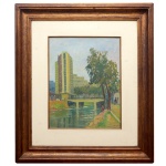 INNOCENCIO BORGHESE (São Paulo, 1897 - 1985)  Parque D. Pedro II  Paisagem Urbana com Ponte e Canal. Óleo s/ tela. Ass. titulado, localizado e datado 35, cid 40 x 32 cm (MI). 72 x 64 (ME). Pintor e professor, viveu e trabalhou em São Paulo, sendo ativo participante do Salão Paulista de Belas Artes entre as décadas de 1930 e 1950.
