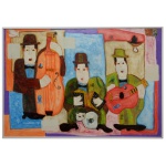 ASFADUROFF NIBBES, JAVIER ALVARO (Montevidéu, Uruguai 1954)  Músicos. Óleo s/ tela. Ass. cid. 80 x 120 cm (MI). 83 x 123 cm (ME). Mais conhecido como Asfaduroff Nibbes ou apenas Nibbes, é um pintor uruguaio radicado no Brasil há mais de 30 anos. Nibbes é considerado mestre da encáustica, técnica que consiste no uso da cera como aglutinante dos pigmentos e pela mistura densa e cremosa. Colecionando mais de 10 mil obras pelo mundo, Nibbes é um pintor de alma celeste que atravessa fronteiras com suas obras coloridas numa busca do desequilíbrio de suas formas. Formas que fogem da simetria acadêmica, e que nos fazem mergulhar num universo único, particular, permeado de alegria.