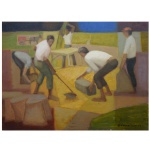 GERALDO CARNELOSSO (Boa Esperança do Sul,  1921  São Paulo, 2009) - Trabalhadores. Óleo s/ eucatex. Ass. e datado 77. cid.  30 x 40 cm. Obra sem moldura. Pintor e escultor. Em 1934, aos treze anos, começou a pintar quadro encantado com a arte e com os pintores da época.
