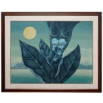 WALTER LEWY (Bad Oldesloe, Alemanha 1905 - São Paulo, 1995)   Folha Negra. Óleo s/ tela. Ass. e datado 1987, cid. 70 x 93 cm (MI). 94 x 115 cm (ME). Apresenta manhas no passe-partout. Gravador, pintor ilustrador, paisagista, desenhista e publicitário. Walter Lewy é apontado como um dos principais nomes do surrealismo no Brasil,