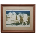 HELENOS (Edson Heleno da Silva  Recife, 1941)  Representação Estilizada de um Homem e um Gato. Litografia. Ass. e datado 1971, cid. 45 x 60 cm (MI). 72 x 87 cm (ME). Pintor, ilustrador e publicitário, com obra figurativa e romântica, muitas vezes retratando o cotidiano de Recife.