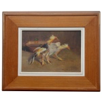 BENEDITO DE ANDRADE (1906 - 1979) - Galos de Briga. Óleo s/ tela. 22 x 30 cm (MI). 40 x 48 cm (ME). Moldura com defeito. Pintor e músico. Passou a infância em Cabreúva, no interior de São Paulo, onde se envolveu com as tradições afro-brasileiras, o que influenciou sua temática artística, centrada na representação da população negra. Mudou-se para São Paulo na década de 1930, onde iniciou sua carreira artística, desenvolvendo uma técnica única para retratar figuras negras com sensibilidade e profundidade.