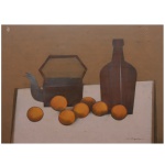 S. SIQUEIRA  Natureza Morta  Mesa com Chaleira, Garrafa e Frutos. Óleo s/ eucatex. Ass. cid. 60 x 80 cm. Obra sem moldura.