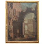 Ruinas Romanas. Óleo s/ tela. 90 x 67 cm (MI). 100 x 79 cm (ME). Obra sem assinatura. Apresenta desgastes na moldura.