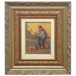 M. ANDREASSI  Menino com Cachorro. Óleo s/ tela. Ass. cid. 22 x 17 cm (MI). 50 x 45 cm (ME).