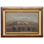 JOSE SIMEONE (São Paulo, 1930  2009)  Paisagem com Casa. Óleo s/ eucatex. Ass. cie. 21 x 34 cm (MI). 33 x 46 cm (ME). pintor brasileiro figurativo de destaque, com influências impressionistas e do Grupo Santa Helena, conhecido por paisagens, casarios e naturezas-mortas. Autodidata, evoluiu para um estilo próximo aos oitocentistas italianos e franceses.