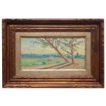 INNOCENCIO BORGHESE (São Paulo, 1897 - 1985) - Guarulhos, SP. Óleo s/ eucatex. Ass cid. 15 x 30 cm (MI). 32 x 46 cm (ME). Pintor e professor, viveu e trabalhou em São Paulo, sendo ativo participante do Salão Paulista de Belas Artes entre as décadas de 1930 e 1950.
