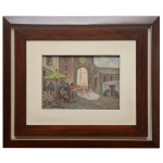 ANGELO CANONE (Abruzzo, Itália 1899 - Rio de Janeiro, 1992) - Cena Retratando o Cotidiano com Figuras Humanas e Estrutura Arquitetônica, Óleo s/ eucatex. Ass. cie. 18 x 26 cm (MI). 45 x 53 cm (ME). Moldura em madeira. Artista Plástico.  Começou a pintar aos oito anos de idade e se formou, ainda muito jovem, pelo Instituto de Belas Artes de Nápoles. Sua pintura vem de uma escola antiga. Sejam as preferências de outra tendência ou estilos é difícil não gostar. Suas marinhas e paisagens refletem o espírito jovem e vivido, nelas encontramos o toque magistral do mestre nas transparências.