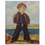GINO BRUNO (Itália, 1899 - Brasil, 1977)  Menino. Óleo s/ tela. Ass. cid. 56 x 44 cm. Obra sem moldura. Artista e professor. Inicia-se na pintura aos cinco anos de idade, ainda na Itália. Por volta de 1905, vem com a família para São Paulo, onde estuda no Liceu de Artes e Ofícios de e na Escolinha de Artesanato em 1912, com Benjamin Constant Neto. Nesse mesmo ano, realiza o seu primeiro trabalho profissional, A Madona, encomendado por um comerciante.