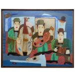 ASFADUROFF NIBBES, JAVIER ALVARO (Montevidéu, Uruguai 1954) Músicos. Óleo s/ tela. Ass. cse. 80 x 100 cm (MI).  85 x 105 cm (ME). Mais conhecido como Asfaduroff Nibbes ou apenas Nibbes, é um pintor uruguaio radicado no Brasil há mais de 30 anos. Nibbes é considerado mestre da encáustica, técnica que consiste no uso da cera como aglutinante dos pigmentos e pela mistura densa e cremosa. Colecionando mais de 10 mil obras pelo mundo, Nibbes é um pintor de alma celeste que atravessa fronteiras com suas obras coloridas numa busca do desequilíbrio de suas formas. Formas que fogem da simetria acadêmica, e que nos fazem mergulhar num universo único, particular, permeado de alegria.