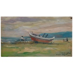INNOCENCIO BORGHESE (São Paulo, 1897 - 1985)  Praia Grande. Óleo s/ Eucatex. Ass, datado e localizado Praia Grande, 1950, cid. 17 x 29 cm. Pintor e professor, viveu e trabalhou em São Paulo, sendo ativo participante do Salão Paulista de Belas Artes entre as décadas de 1930 e 1950.