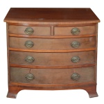 Cômoda baixa em madeira, de estilo inglesa. Apresenta tampo de formato retangular apoiado em 2 pequenas gavetas e 3 gavetas maiores sobrepostas. Puxadores em metal dourado e pés de formato quadrangular. 70 x 80 x 50 cm.