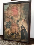 Europa Séc. XVIII ou anterior. Excepcional e muito importante obra óleo sobre tela com representação aparentemente de peregrinos com imagem de santo não identificado, na nossa humilde leitura. A obra foi reentelada em função da sua antiguidade. Medidas aprox. 156 x 116 cm.