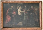 Europa séc. XVII/XVIII. Monumental quadro óleo sobre tela de altíssima qualidade com representação do casamento de NOSSA SENHORA e SÃO JOSÉ. Apresenta ainda figura de sacerdote entre ambos, no canto esquerdo apresenta figura masculina ricamente trajada não identificada. Obra carregada de simbolismos e riqueza de detalhes. Ricamente moldurada. Obra de grandes dimensões. Necessita limpeza. A moldura apresenta pequenas perdas. Medidas 77 x 115 cm.