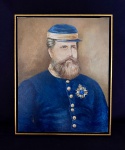 Brasil Séc. XIX. Muito raro e Importante quadro óleo sobre tela representando S.M. I. D Pedro II em uniforme dos Voluntários da Pátria e Comenda Imperial. Obra de altíssima qualidade arrematada na déc. de 60 em leilão internacional. Apresenta diversas marcações e cachê ao fundo. Apresenta antigo restauro profissional. Emoldurado. Medidas aprox. 50 x 40 cm e com moldura 52 x 42 cm.