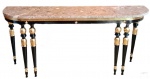 MAISON JANSEN. França meados Séc. XX. Muito raro e importante CONSOLE/APARADOR de altíssima qualidade construído em carvalho e magnífico construção e magnífico acabamento à ouro. Apresenta-se apoiado sobre seis graciosas pernas com elaborada decoração e fino acabamento. Item muito raro e difícil de encontrar. Apresenta rico tampo em mármore europeu de altíssima qualidade. Marca da Maison na sua parte de trás. Medidas aprox. 90 cm de altura, 200 cm de largura e 47 cm de profundidade.