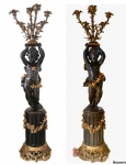 MOREAU, Mathurin. França séc. XIX-XX. Monumental e palaciano conjunto formando PAR DE TOCHEIROS para seis velas em BRONZE de altíssima qualidade (aprox. 224 cm de altura), Peças assinadas na base. Apresentam suas bases originais também em bronze. As bases possuem riquíssimos pés em bronze com banho de ouro ormulu e excepcional trabalho de cinzel. As bases propriamente ditas também apresentam rica decoração em bronze com banho de ouro ormulu com representação de guirlanda de rosas de onde parte magnífica escultura com representação de anjo com suas asas em graciosa postura sustentando o candelabro propriamente dito. Item raríssimo difícil encontrar em tão perfeito estado de conservação. Altura aprox. 224 cm e a base 68 x 68 cm. MONUMENTAIS. Talvez com essa qualidade são os únicos no Brasil disponíveis.