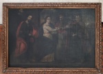 América Espanhola Séc. XVIII. Escola Cusquenha. Linda obra óleo sobre tela com graciosa representação de NOSSA SENHORA e MENINO JESUS em adoração. Obra rica em detalhes. Passou por antigo restauro profissional-reentelada. Medidas aprox. 95 x 85 cm.