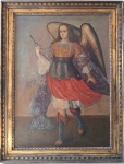 Escola Cusquenha Séc. XVIII. Magnífica obra óleo sobre tela representando SÃO MIGUEL ARCANJO. Obra de grandes dimensões. Apresenta no verso selo da Casa de Leilões Phillips entre outras marcações. A obra foi reentelada. Medidas aprox. 126 x 92 cm e com moldura 148 x 114 cm.
