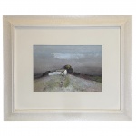 Quadro em acrílica sobre eucatex do artista Domenico Lazzarini (1920-1987) retratando paisagem rural com casa no campo, medindo 50x60cm no total e 33x22cm somente a obra.