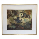 Quadro em acrílica sobre eucatex assinado Mesquita com bela moldura dourada a folha de ouro, medindo 58x69cm no total e 49x39cm somente a obra. 