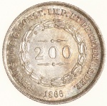 Moeda do Brasil: 200 Réis 1866 - Flor de Cunho - Prata 