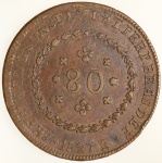 Moeda do Brasil: 80 Réis 1827 Rio - Recunhada? Dupla Batida anverso no reverso?  - Cobre - Soberba / Flor de Cunho 