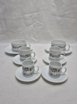 Jogo de 6 xícaras tete a tete em porcelana Renner Medaillon com estampa de cifras. Composto par de chá, par de café e par de 2 goles. Medindo respectivamente 8cm x 5cm de altura, 5cm x 5,5cm de altura e 4cm x 4cm de altura.