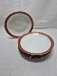 Jogo de 6 pratos fundos de massa, sopa em porcelana Renner Donaire vinho com friso ouro. Medindo 22cm de diâmetro. Desgaste no friso.