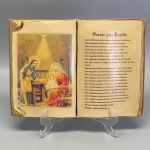 ARTE SACRA - Réplica de bíblia com oração pela família e desenho da Sagrada Família, em estuque. Med. 14x20 cm.