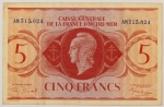 Numismática, FRANCE. Uma Cédula 5 Francs 
