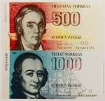 Numismática, FINLAND. Duas Réplicas de Cédulas Raras 500 e 1000 Markaa