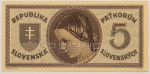 Numismática, SLOVAKIA. Uma Cédula 5 Korun Specimen