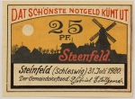 Numismática, NOTGELD. Uma Cédula Steinfeld 25 Pfennig 1920