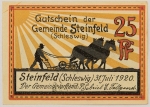 Numismática, NOTGELD. Uma Cédula Steinfeld 25 Pfennig 1920