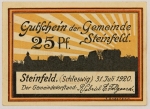 Numismática, NOTGELD. Uma Cédula Steinfeld 25 Pfennig 1920