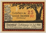 Numismática, NOTGELD. Uma Cédula Steinfeld 25 Pfennig 1920