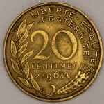 Numismática, FRANCE. Uma Moeda 20 Centimes 1963