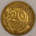 Numismática, FRANCE. Uma Moeda 20 Centimes 1964