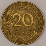 Numismática, FRANCE. Uma Moeda 20 Centimes 1967