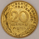 Numismática, FRANCE. Uma Moeda 20 Centimes 1970